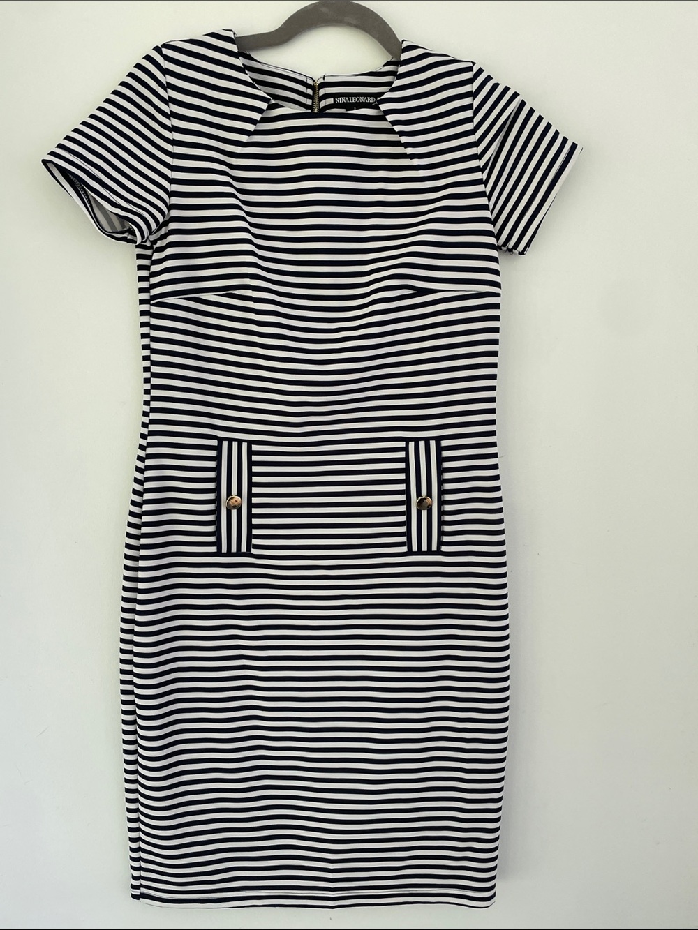 Nina Leonard Striped Navy & White Short-Sleeve Sheath Dress Nautical Captain Sm
